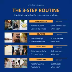 @viralmarketingstars | THE 3-STEP ROUTINE | How to set yourself up for success every single day | ON WAKING UP - choose 1: - Read for 30 mins - Drink 500ml water - Listen to a podcast - What else? | SELF-CARE - choose 1: - 15 minute yoga - 20 minute walk - 10 minute beauty - What else? | GET TO WORK - choose 1: - Write your to do list - Call someone - Choose a focus - What else? | END OF DAY - choose 1: - Read for 30 mins - Bubble bath - Family time - What else?